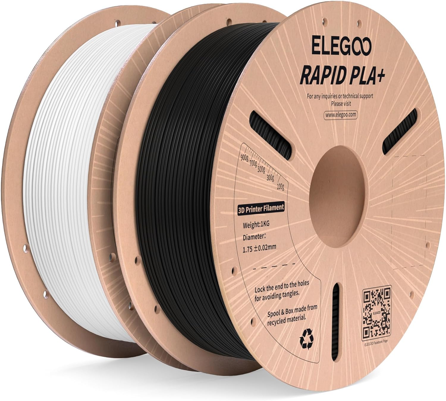 ELEGOO Rapid PLA Plus Filament 1.75mm Black & White 2KG, PLA+ 3D Printer Filament for 30-600 mm/s High Speed Printing, Dimensional Accuracy +/- 0.02 mm, 2 Pack 1kg Spool(2.2lbs)