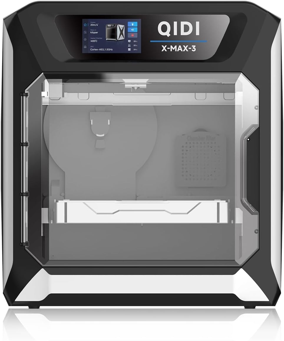 QIDI X-MAX3 3D Printer | A 3D printer with a transparent front panel, featuring a digital display at the top showing settings and information, and a white build plate inside. The printer has a sleek black and silver design.