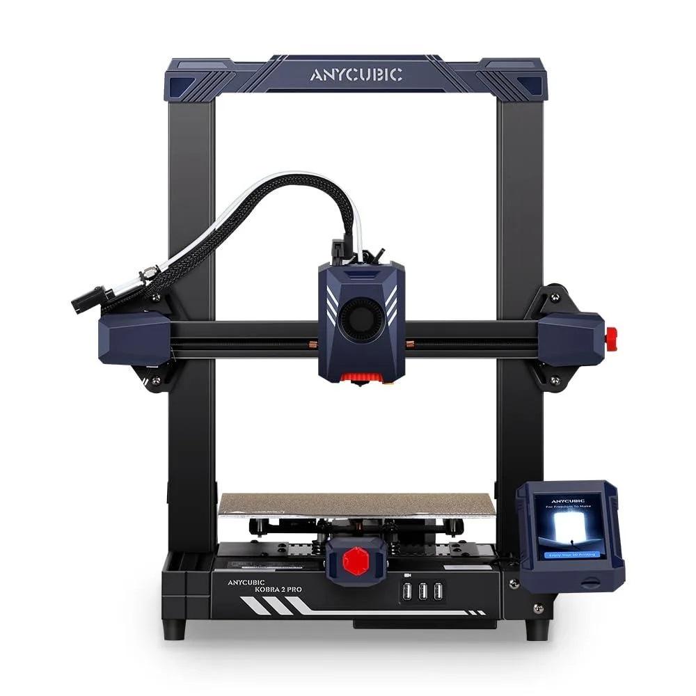 A 3D printer with a sturdy black frame, featuring a print bed and a blue display screen, with a nozzle positioned above the bed and various control buttons on the front.