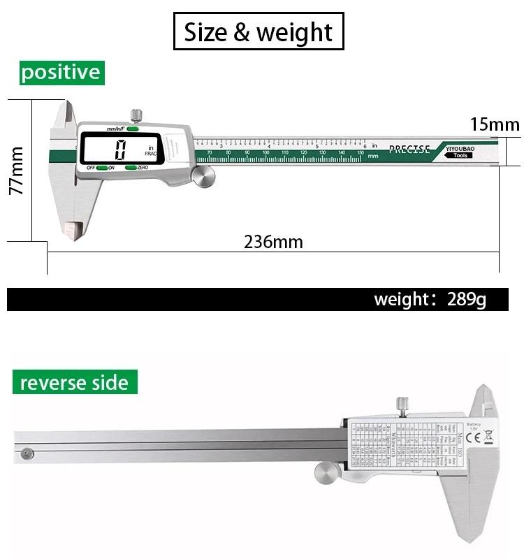 Digital caliper with measurements displayed, showing dimensions of 236mm length, 77mm height, and 15mm width, along with a weight of 289g. The image presents both the front and reverse sides.